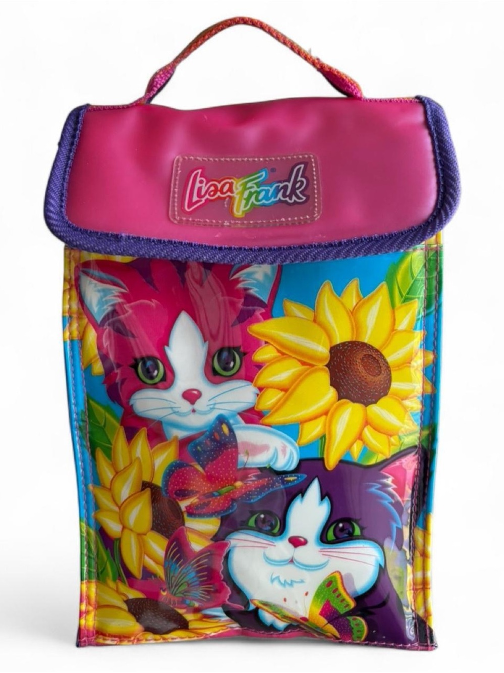 Vintage Lisa Frank Pink & Multi Cat and Sunflower Lunch Tote. Old stock